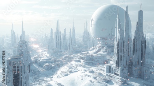 Futuristic snowy landscape with towering structures and a large orb.