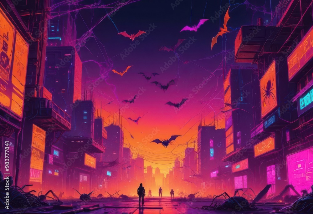 A vibrant, futuristic cityscape at dusk, filled with neon lights and flying bats, creating a surreal and mysterious atmosphere. A vibrant, futuristic cityscape at dusk, filled with neon lights and flying bats, creating a surreal and mysterious atmosphere.
