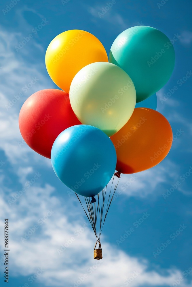 A bunch of vibrant balloons soaring upward against a backdrop of soft, wispy clouds and sunlight A bunch of vibrant balloons soaring upward against a backdrop of soft, wispy clouds and sunlight