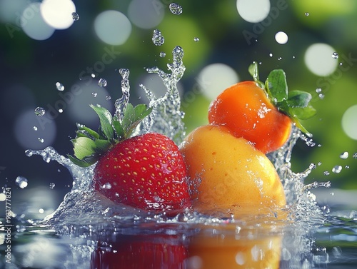 Fresh Fruits Splashing in Water with Bokeh Effect photo