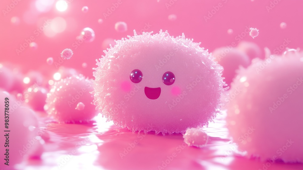 Cute, fluffy pink microbes with happy faces in a vibrant, soft environment. Cute, fluffy pink microbes with happy faces in a vibrant, soft environment.