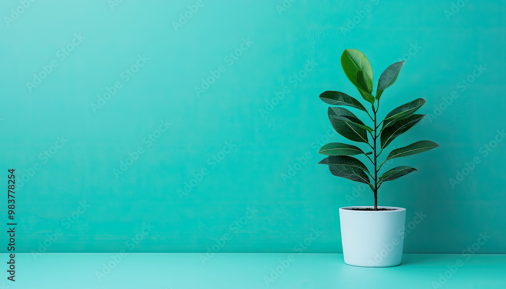 A modern green plant in a white pot against a vibrant turquoise background, perfect for interior design and decoration themes. A modern green plant in a white pot against a vibrant turquoise background, perfect for interior design and decoration themes.