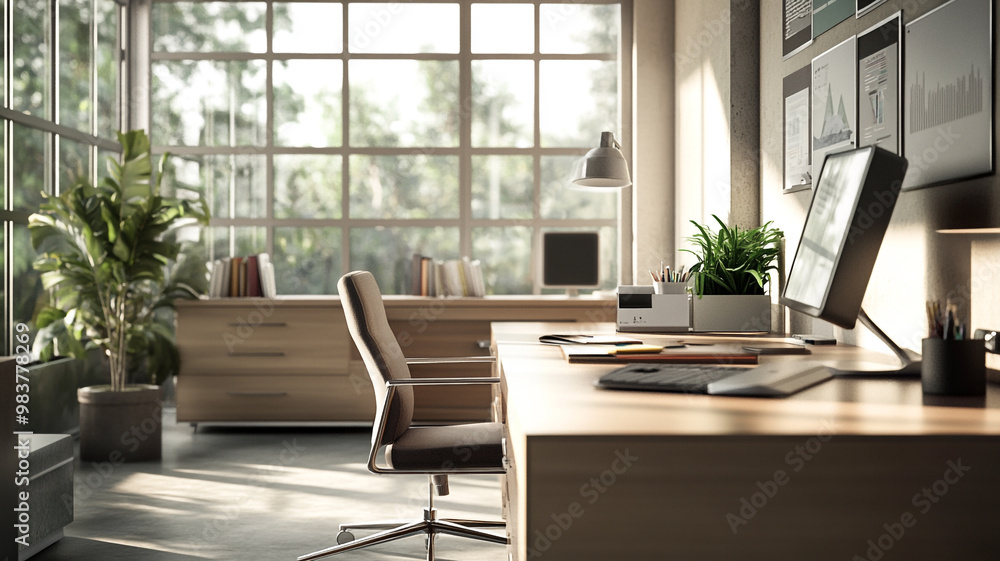 Modern office workspace with sunlight streaming through large windows and plants Modern office workspace with sunlight streaming through large windows and plants