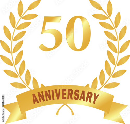 50 years anniversary, Golden Leaves, Golden rank, Golden circular laurel foliate, anniversary Laurel Leave, anniversary Gold laurel, Laurel Leaves with ribbon, Fifty years anniversary in golden