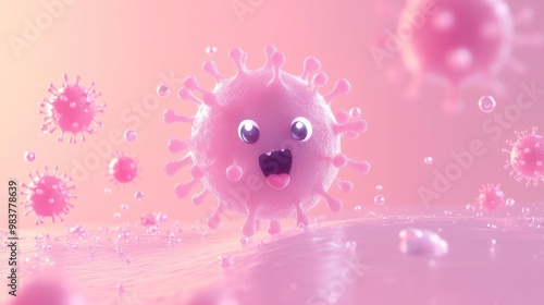 A playful, cartoonish virus character in a pink environment, emphasizing a lighthearted approach to science. photo