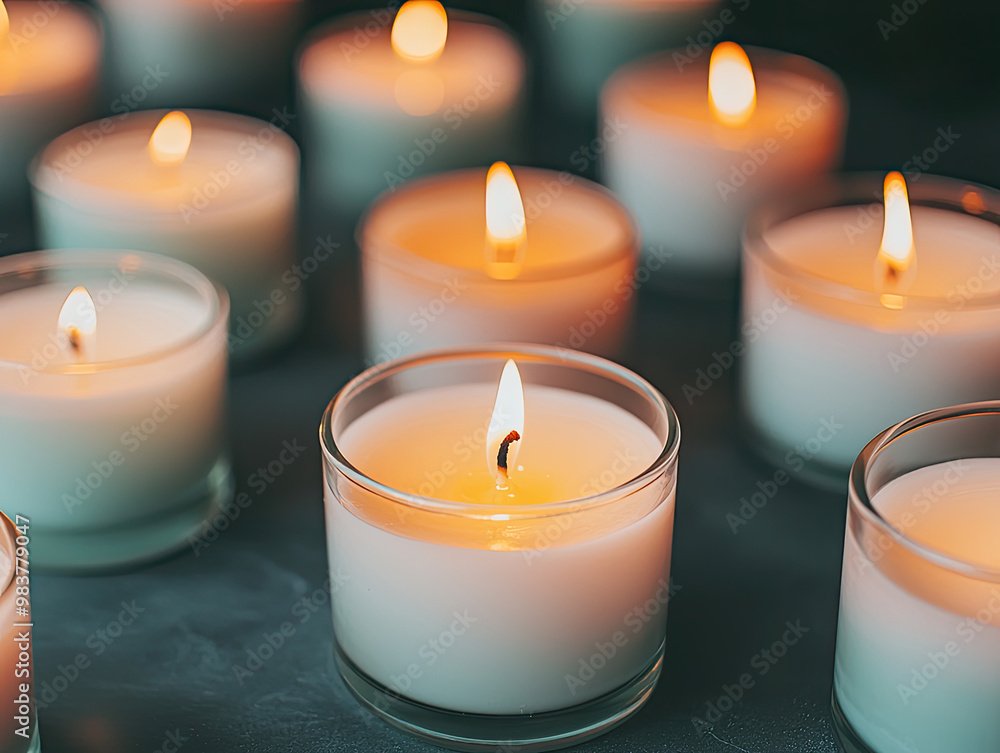 A serene arrangement of glowing candles, creating a calming ambiance with warm light and soft reflections on a dark surface. A serene arrangement of glowing candles, creating a calming ambiance with warm light and soft reflections on a dark surface.