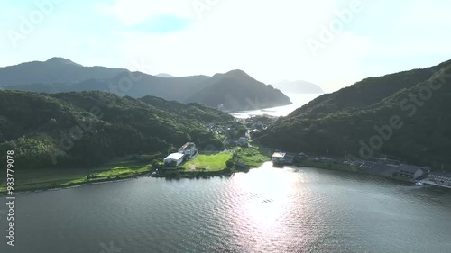 湖の空撮　田舎の景色　三方五湖の風景　福井県美浜町の久々子湖　ドローン撮影　その3