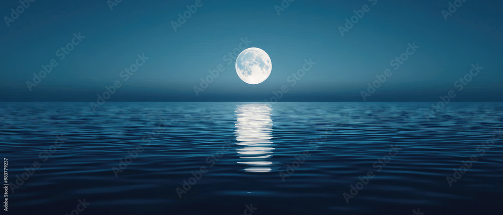 A serene nighttime scene featuring a full moon reflecting beautifully on calm ocean waters under a starry sky. A serene nighttime scene featuring a full moon reflecting beautifully on calm ocean waters under a starry sky.