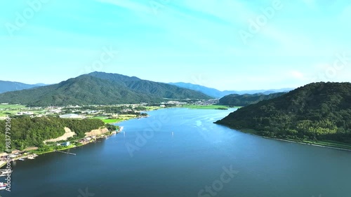 湖の空撮　田舎の景色　三方五湖の風景　福井県美浜町の久々子湖　ドローン撮影　その1