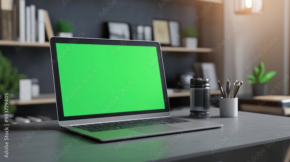 A modern workspace featuring a laptop with a green screen, surrounded by office supplies. A modern workspace featuring a laptop with a green screen, surrounded by office supplies.