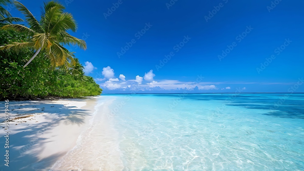 Naklejka premium Lush tropical island with white sandy beach and sparkling clear waters under bright blue sky_032