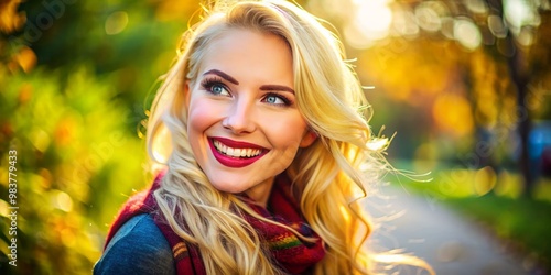 Energetic blonde lady beams in a sunny outdoor scene, exuding a cheerful vibe and lively charm. Nature's beauty