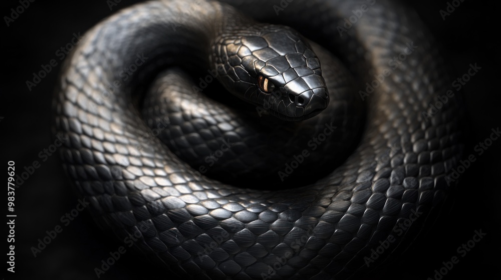 Fototapeta premium A close-up of a coiled black snake showcasing its textured scales and striking features.