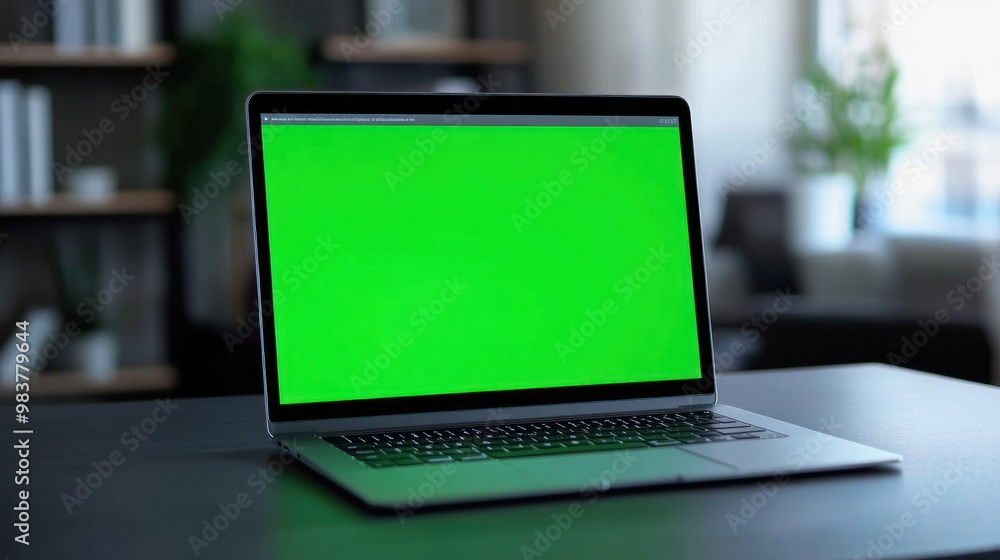 A laptop with a bright green screen, set on a desk in a modern indoor environment. A laptop with a bright green screen, set on a desk in a modern indoor environment.