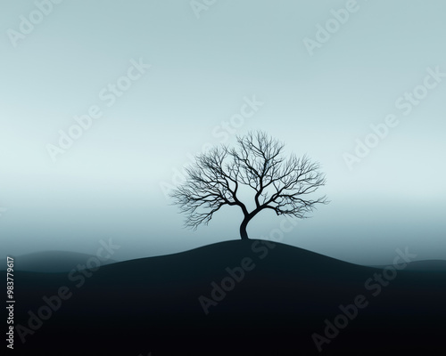A solitary tree stands gracefully on a hill, enveloped in a serene mist, creating an atmosphere of tranquility and solitude.