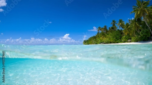 Lush tropical island with white sandy beach and sparkling clear waters under bright blue sky_037