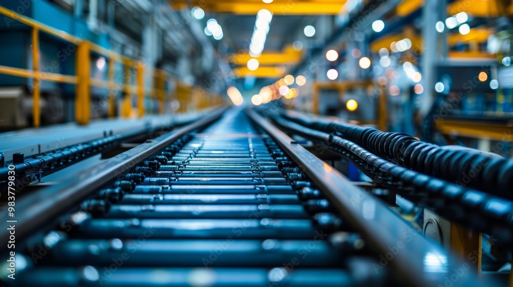 Close-up of industrial conveyor belts with heavy machinery at work, showcasing detailed metal components and moving parts Close-up of industrial conveyor belts with heavy machinery at work, showcasing detailed metal components and moving parts