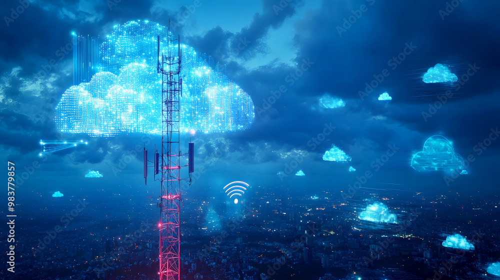 Obraz premium Networked base station receiver on a tower, with a clear connection to cloud computing services