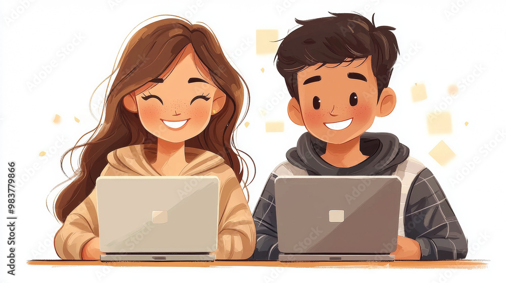 Smiling young woman and man working on laptops. Smiling young woman and man working on laptops.