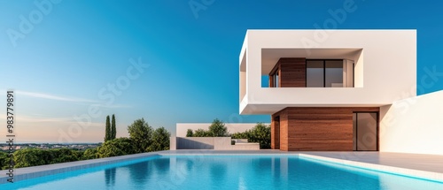 Modern villa with swimming pool and blue sky background