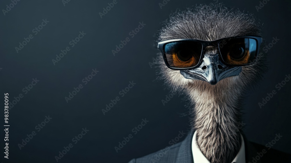 Cool ostrich dressed in a suit and wearing sunglasses against a dark background, blending humor with sophistication. Cool ostrich dressed in a suit and wearing sunglasses against a dark background, blending humor with sophistication.
