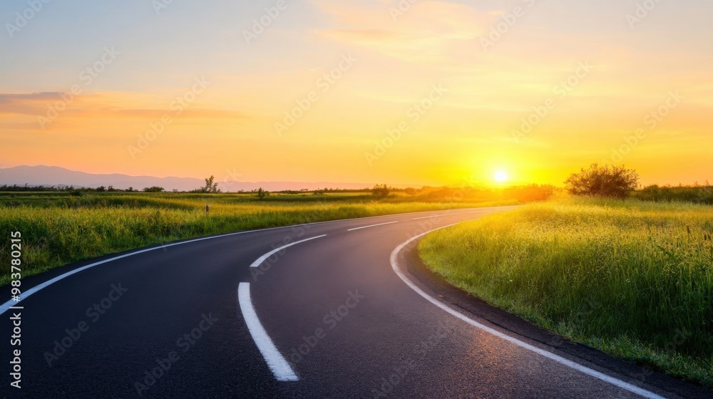 A winding road through lush green fields under a stunning sunset, creating a picturesque and serene landscape. A winding road through lush green fields under a stunning sunset, creating a picturesque and serene landscape.