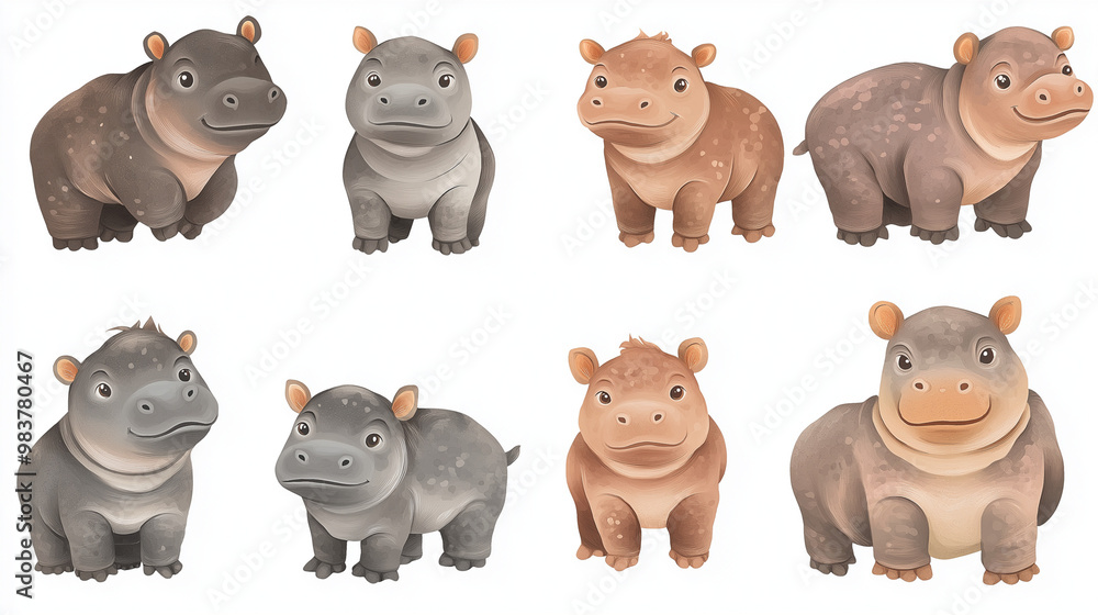 A set of various illustration of baby pygmy hippopotamus on white background. A set of various illustration of baby pygmy hippopotamus on white background.