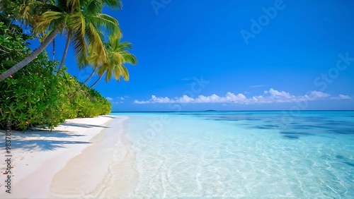 Lush tropical island with white sandy beach and sparkling clear waters under bright blue sky_052