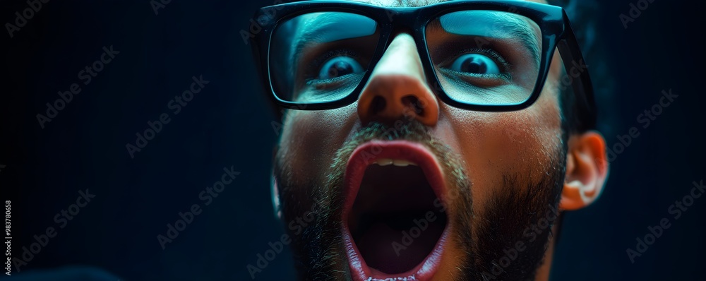 A close-up of a startled man wearing glasses, expressing shock or excitement with an open mouth, illuminated by dramatic lighting. A close-up of a startled man wearing glasses, expressing shock or excitement with an open mouth, illuminated by dramatic lighting.