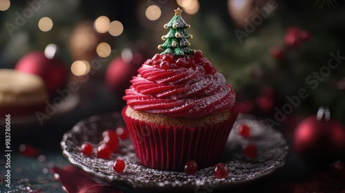 Weihnachtlicher Cupcake dekoriert mit einem kleinen Tannenbaum, Keks und Kirsche vor verschwommenen Hintergrund, Generative AI transparent background photo