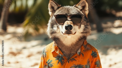 Cool wolf in sunglasses wearing a tropical shirt at the beach, blending nature and fashion in a fun and surreal setting. photo