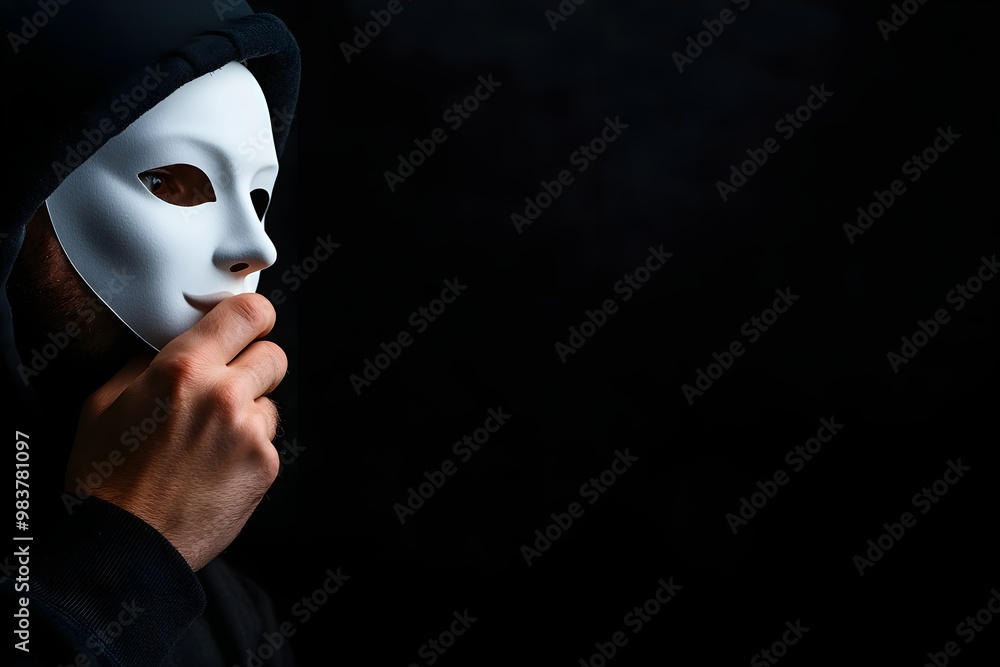 A cloaked figure holds a white mask to their face, evoking themes of mystery, identity, and concealment against a dark background. A cloaked figure holds a white mask to their face, evoking themes of mystery, identity, and concealment against a dark background.