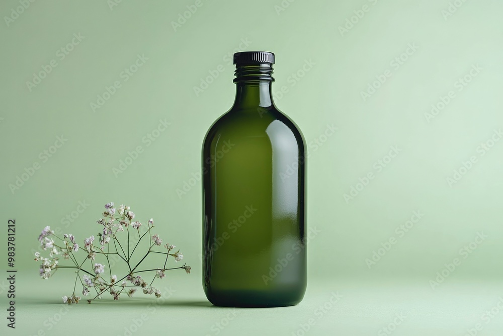 Green Glass Bottle and Delicate White Flowers on a Pale Green Background Green Glass Bottle and Delicate White Flowers on a Pale Green Background
