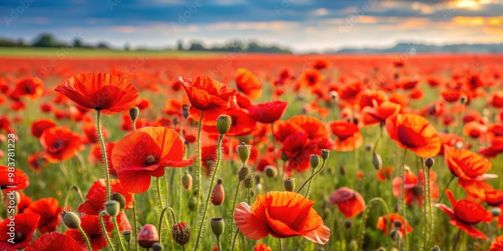 Fototapeta premium Vibrant red poppy fields in full bloom, poppy, flowers, field, bloom, vibrant, red, nature, landscape, beauty, agriculture