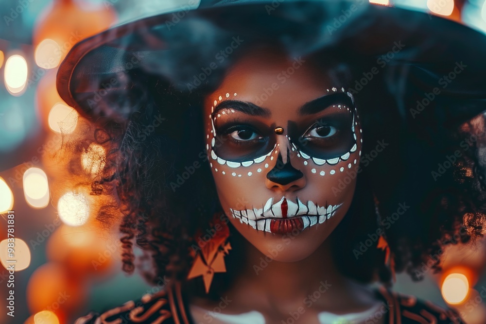 A full length young woman in a see through swimsuit with detailed skeleton face paint and a black witchs hat stares intently into the camera. the background is filled with fuzzy Halloween lights A full length young woman in a see through swimsuit with detailed skeleton face paint and a black witchs hat stares intently into the camera. the background is filled with fuzzy Halloween lights