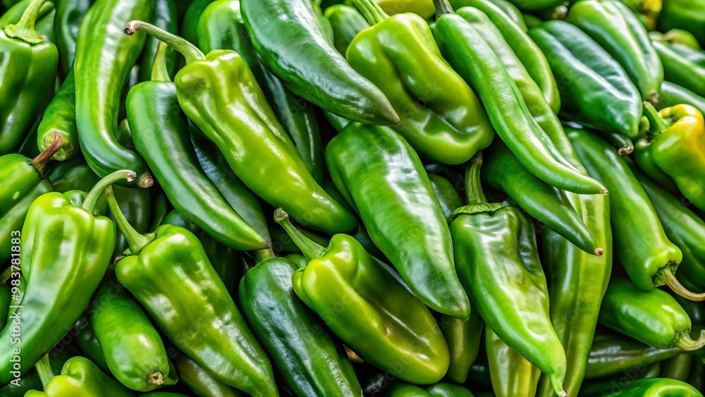 Fresh green chile peppers, with their glossy sheen and subtle indentations, add a pop of vibrant color to Fresh green chile peppers, with their glossy sheen and subtle indentations, add a pop of vibrant color to