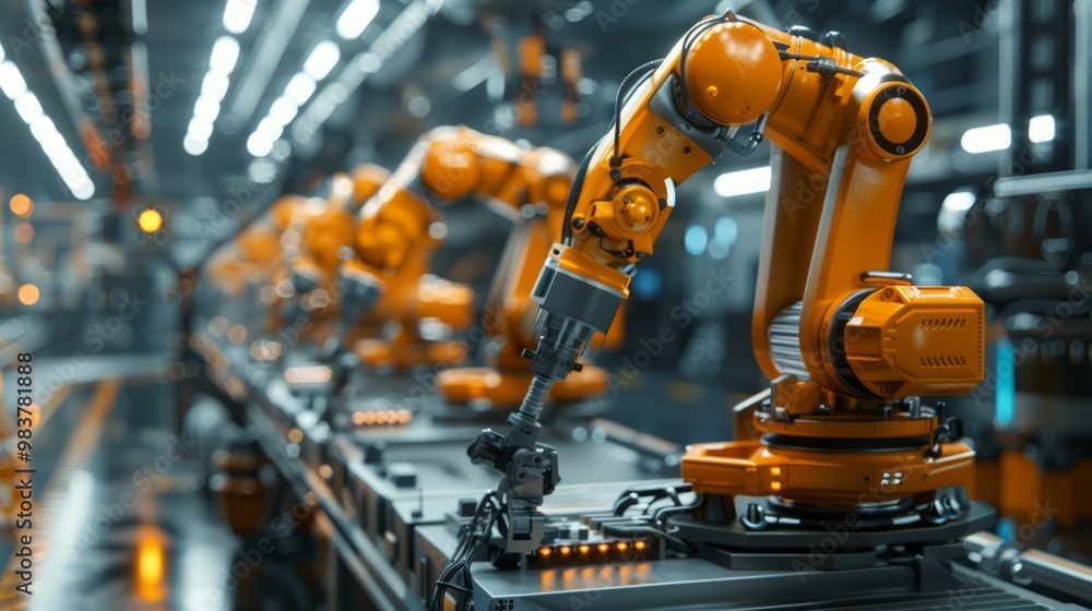 High-tech industrial workshop with automation and solar-powered machinery, focusing on renewable energy and efficient production