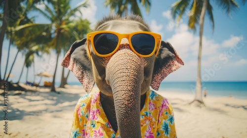 Cute elephant dressed in a Hawaiian shirt and sunglasses enjoys a tropical beach vacation with palm trees and clear blue skies. photo