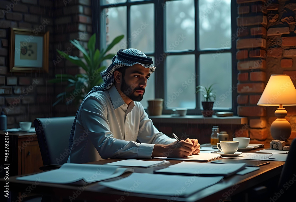 A businessman in traditional attire is focused on planning and growth in cozy office setting, surrounded by papers and warm lamp light A businessman in traditional attire is focused on planning and growth in cozy office setting, surrounded by papers and warm lamp light