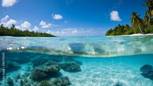 Lush tropical island with white sandy beach and sparkling clear waters under bright blue sky_081