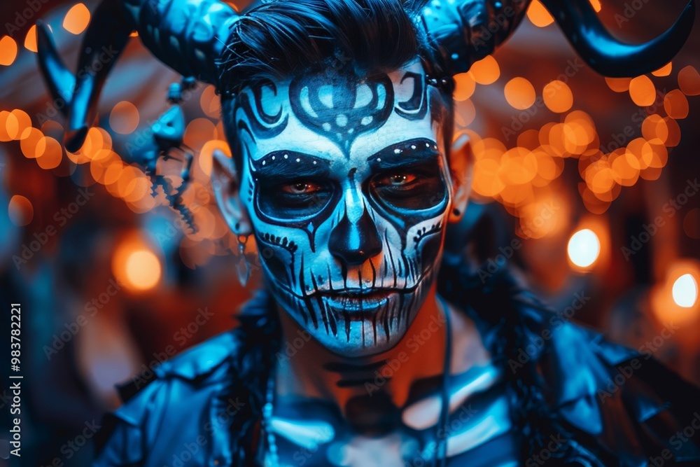 A young man with detailed skeletal face painting and black horns stares intently into the camera. the background is filled with fuzzy Halloween lights, creating a spooky atmosphere. A young man with detailed skeletal face painting and black horns stares intently into the camera. the background is filled with fuzzy Halloween lights, creating a spooky atmosphere.