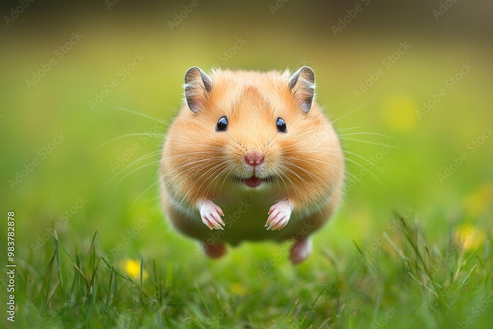 Close-up of a hamster running on a green grass meadow. Close-up of a hamster running on a green grass meadow.
