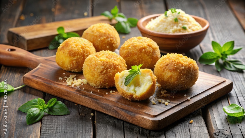Golden-brown arancini are filled with a rich and creamy cacio e pepe, presented on a rustic wooden board Golden-brown arancini are filled with a rich and creamy cacio e pepe, presented on a rustic wooden board