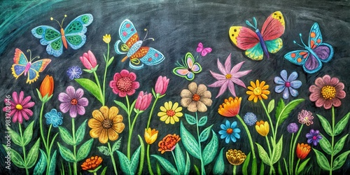 Fototapeta Naklejka Na Ścianę i Meble -  Colorful chalk drawing of a garden with vibrant flowers and butterflies , garden, chalk drawing, colorful, flowers