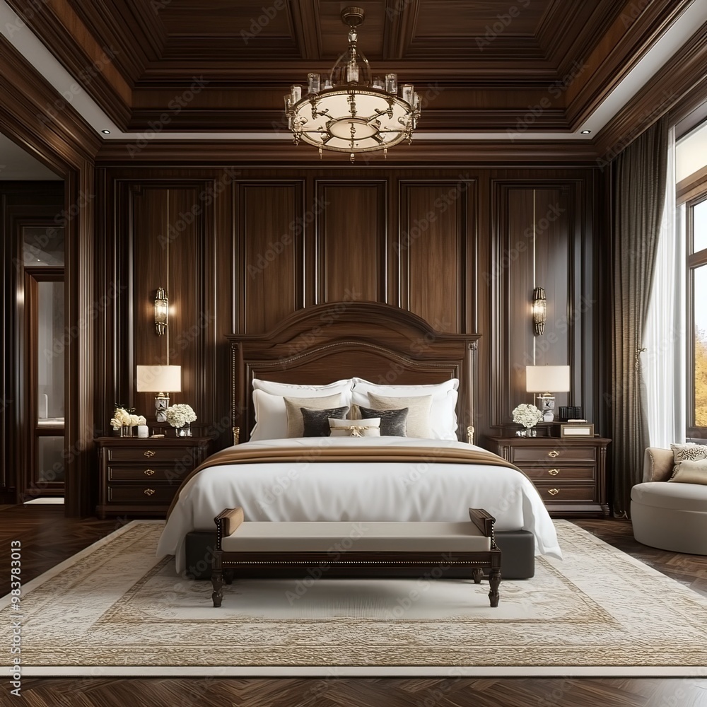 3d rendering beautiful luxury dark wood european classic bedroom suite in hotel 3d rendering beautiful luxury dark wood european classic bedroom suite in hotel