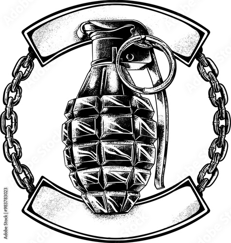 A vector image of a hand grenade with a chain around it. Great for t-shirt designs or logos, with a bold and cool look