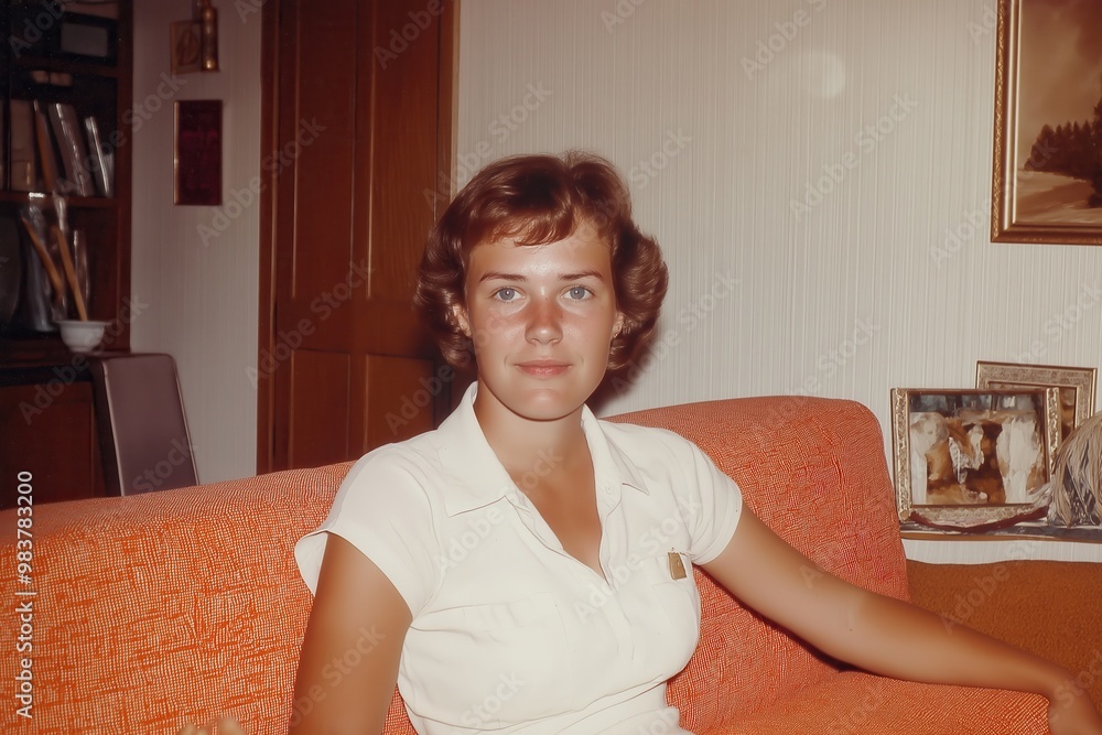 retro Image from 1970s: beautiful young woman sitting at her home couch looking at the camera retro Image from 1970s: beautiful young woman sitting at her home couch looking at the camera
