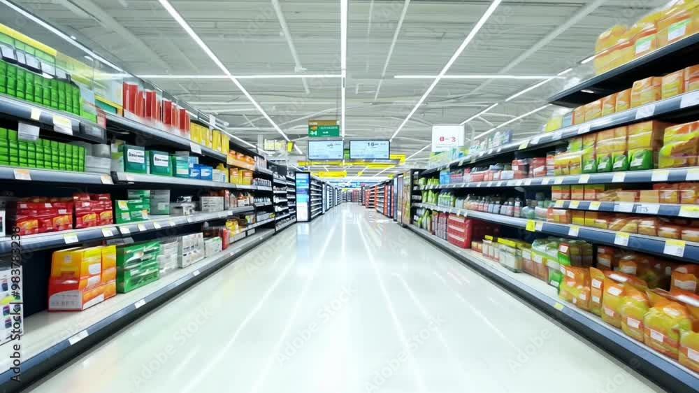 A spacious supermarket aisle displays neatly arranged shelves filled with various packaged groceries and products in vibrant colors. A spacious supermarket aisle displays neatly arranged shelves filled with various packaged groceries and products in vibrant colors.