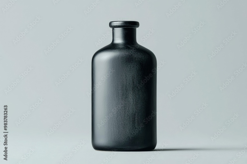 A Black Glass Bottle with a Rounded Bottom on a Grey Background A Black Glass Bottle with a Rounded Bottom on a Grey Background