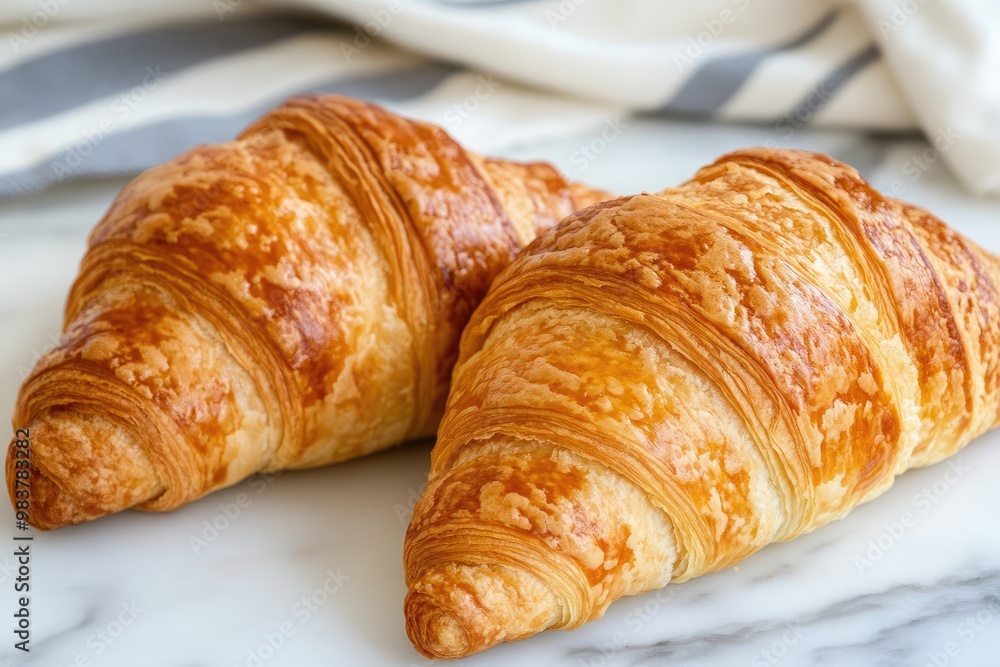 Two Golden Brown Croissants on a Marble Surface Two Golden Brown Croissants on a Marble Surface